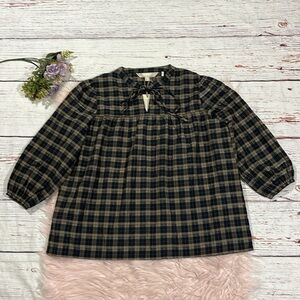 NWT Barbour Lorelie Praline Plaid Tie Front Blouse